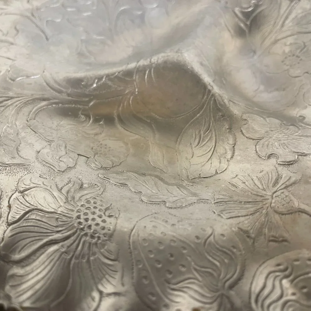 Vintage Hand finished Aluminum round 9” Vintage Tray Embossed Design w/handle